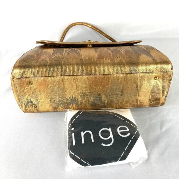 VTG 50s INGE Flap Satchel Bag Gold Chevron Leather Old Money Filigree Flower NWT - Picture 4 of 9